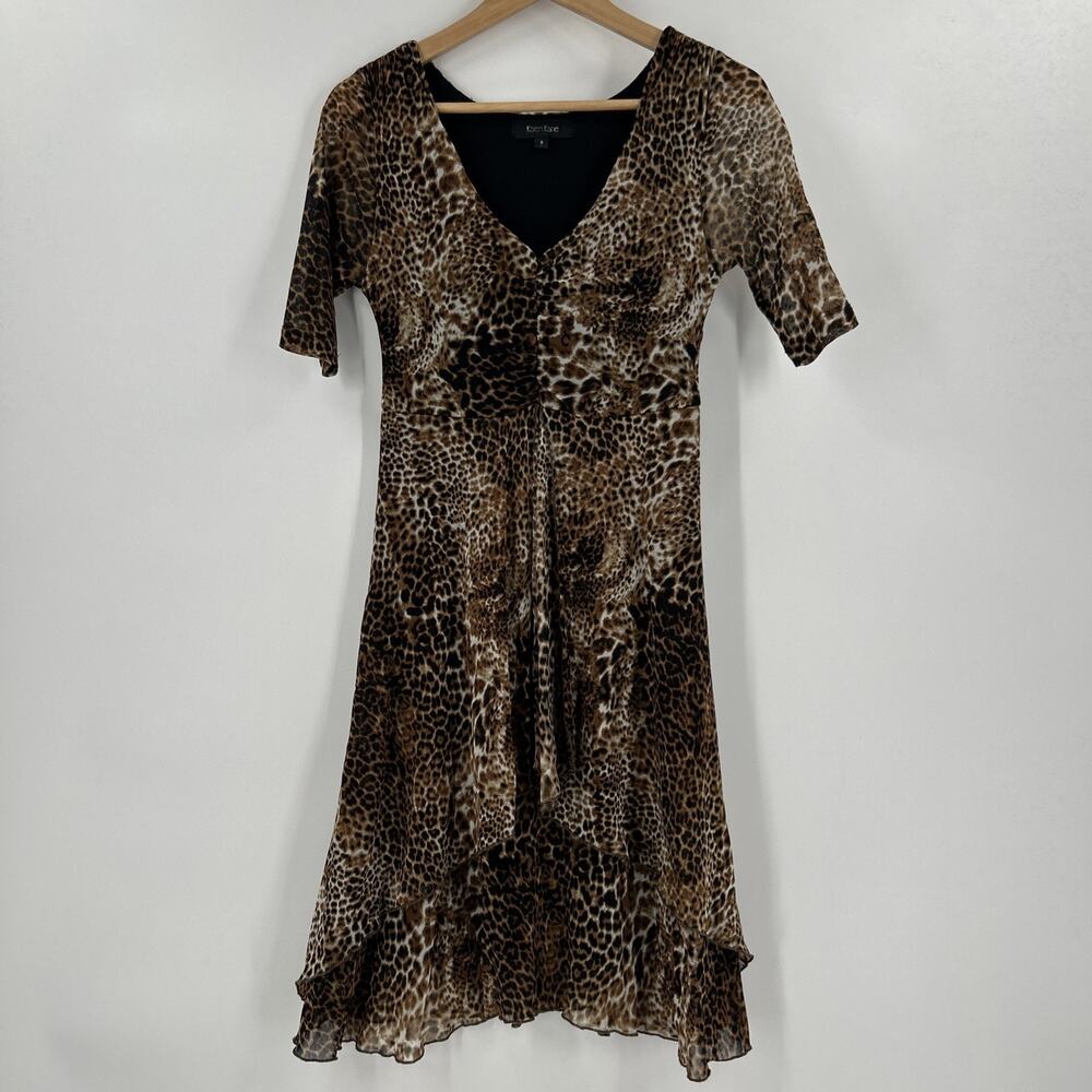 Vintage Y2K Karen Kane Mesh Dress Womens Size S Leopard Animal Asymmetric Ruffle